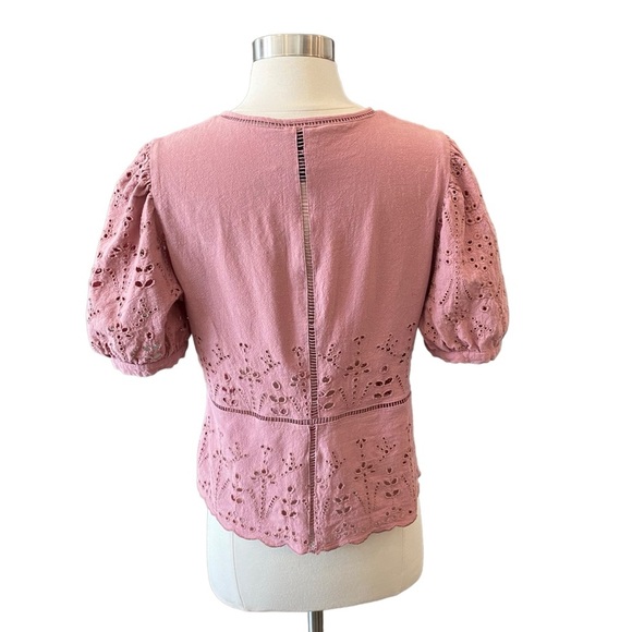 Eyelet Puff Sleeve Blouse Boho Feminine Liv Los Angeles Blush Mauve Pink - Picture 7 of 9